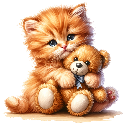 Orange Kitten Hugging Teddy Bear Vinyl Sticker Decal