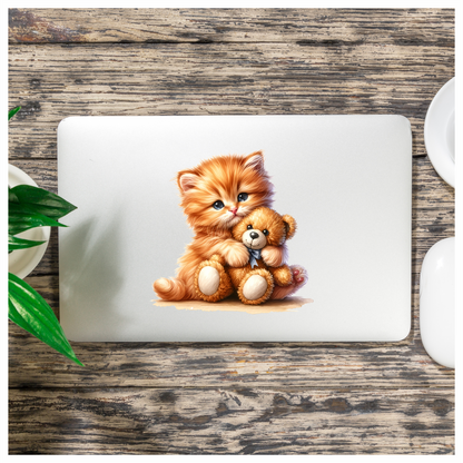 Orange Kitten Hugging Teddy Bear Vinyl Sticker Decal