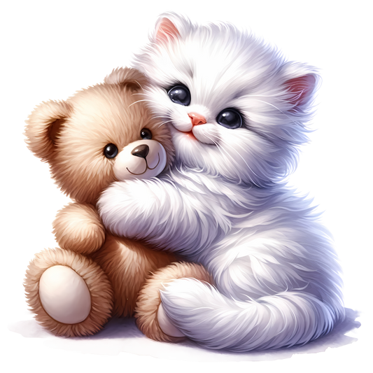 White Kitten Teddy Bear Hug Vinyl Sticker Decal