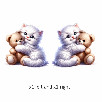 White Kitten Teddy Bear Hug Vinyl Sticker Decal