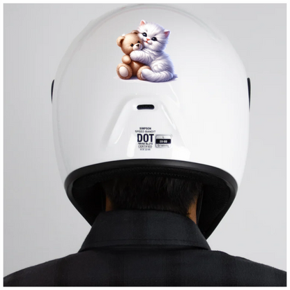 White Kitten Teddy Bear Hug Vinyl Sticker Decal
