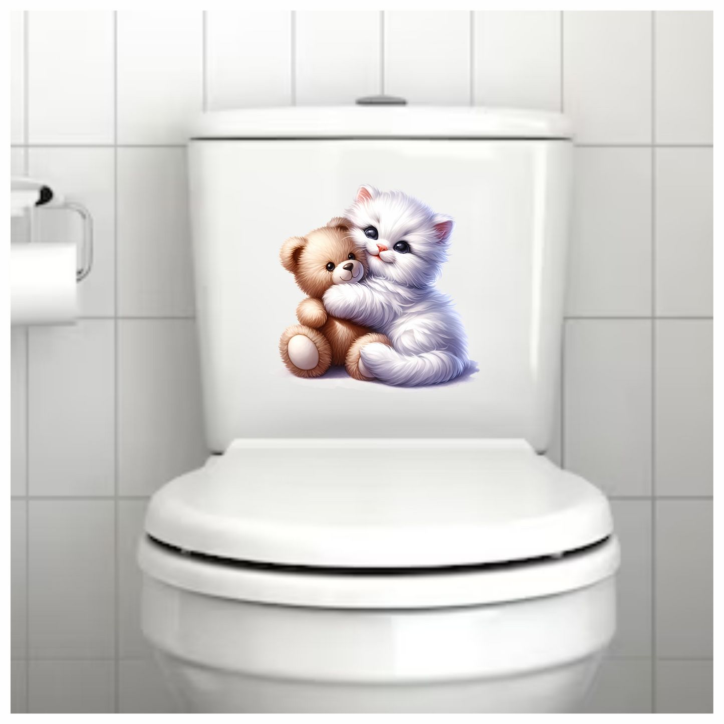 White Kitten Teddy Bear Hug Vinyl Sticker Decal