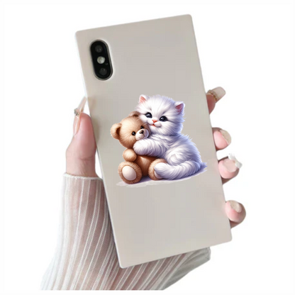 White Kitten Teddy Bear Hug Vinyl Sticker Decal