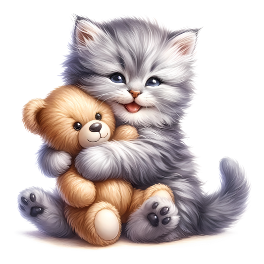 Grey Kitten Hugging Teddy Bear Vinyl Sticker Decal