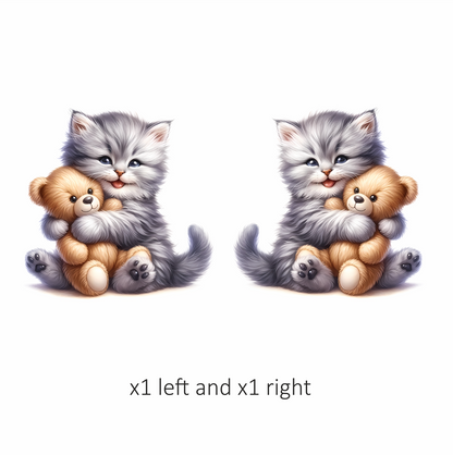 Grey Kitten Hugging Teddy Bear Vinyl Sticker Decal