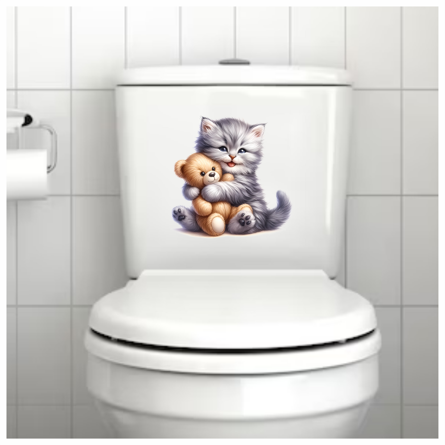 Grey Kitten Hugging Teddy Bear Vinyl Sticker Decal