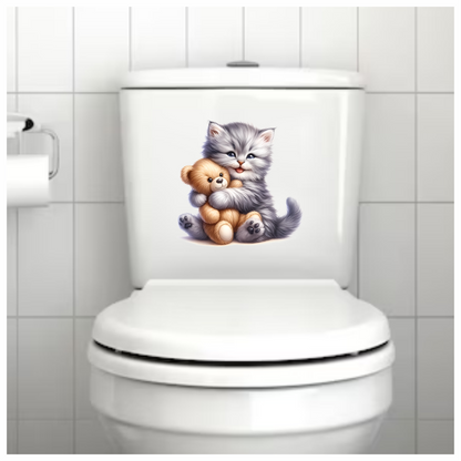 Grey Kitten Hugging Teddy Bear Vinyl Sticker Decal