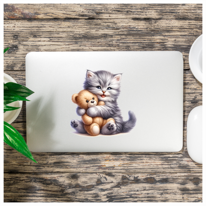 Grey Kitten Hugging Teddy Bear Vinyl Sticker Decal