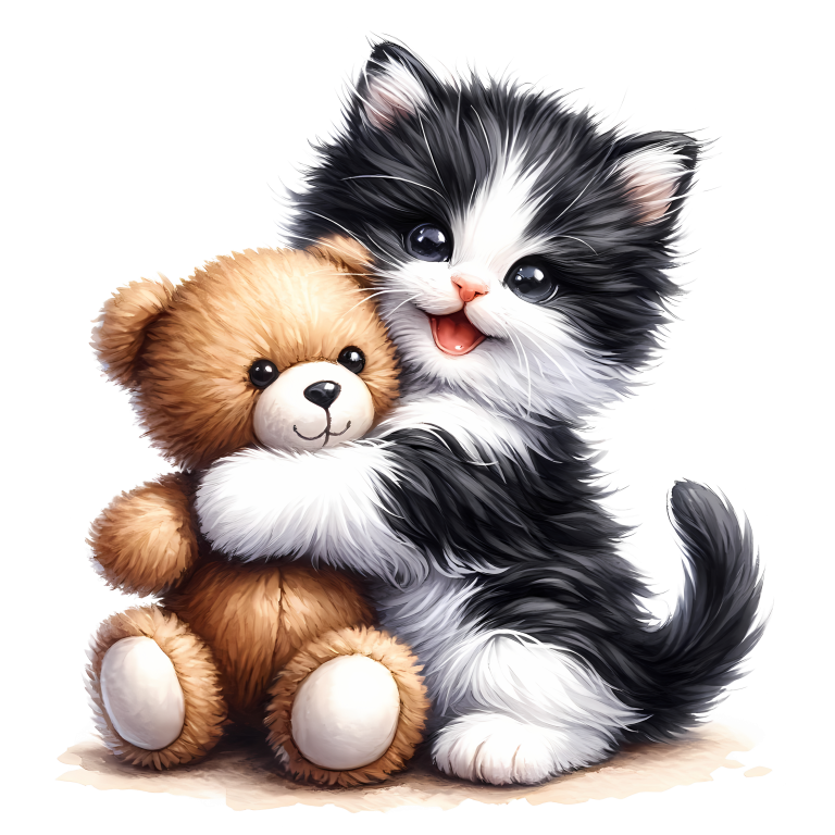 Black White Kitten Hugging Brown Teddy Vinyl Sticker Decal