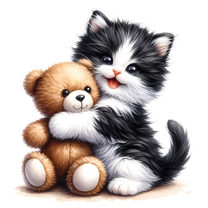 Black White Kitten Hugging Brown Teddy Vinyl Sticker Decal