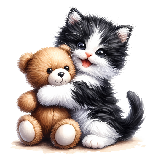 Black White Kitten Hugging Brown Teddy Vinyl Sticker Decal