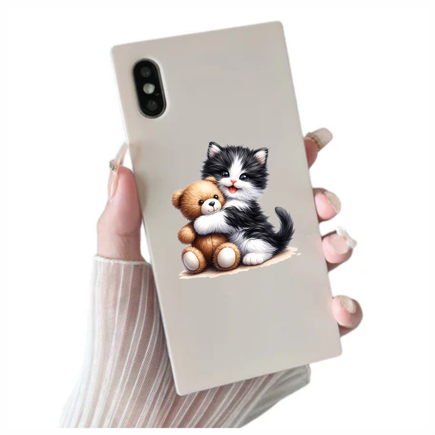 Black White Kitten Hugging Brown Teddy Vinyl Sticker Decal