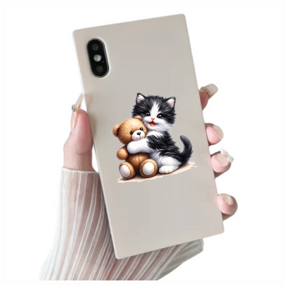 Black White Kitten Hugging Brown Teddy Vinyl Sticker Decal
