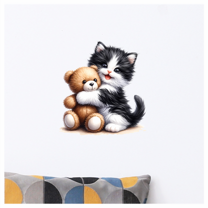 Black White Kitten Hugging Brown Teddy Vinyl Sticker Decal