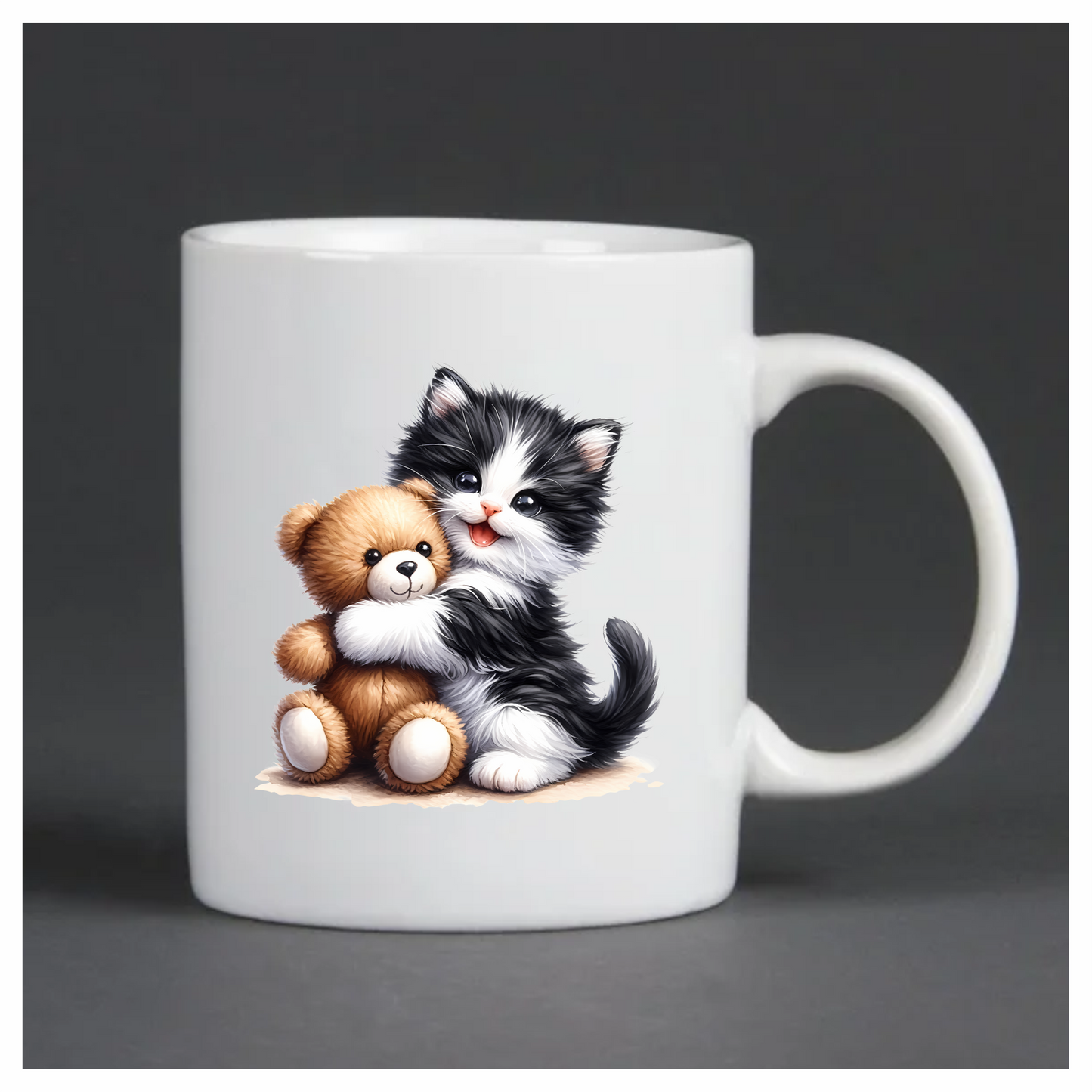 Black White Kitten Hugging Brown Teddy Vinyl Sticker Decal