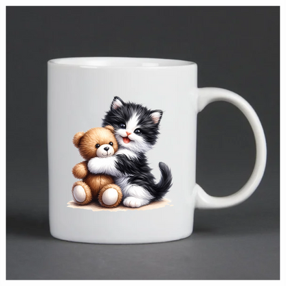 Black White Kitten Hugging Brown Teddy Vinyl Sticker Decal