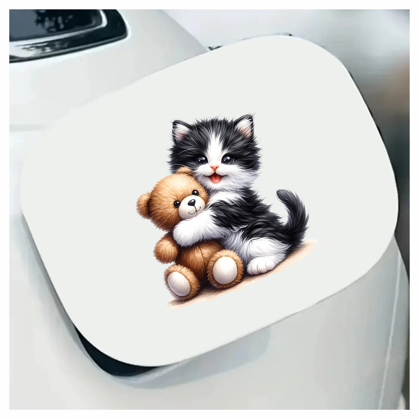 Black White Kitten Hugging Brown Teddy Vinyl Sticker Decal