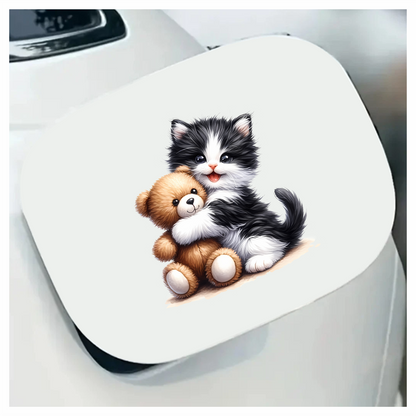 Black White Kitten Hugging Brown Teddy Vinyl Sticker Decal