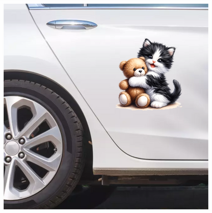 Black White Kitten Hugging Brown Teddy Vinyl Sticker Decal