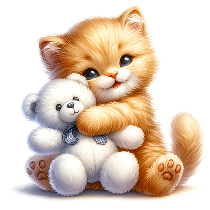 Orange Kitten Hugging White Teddy Vinyl Sticker Decal