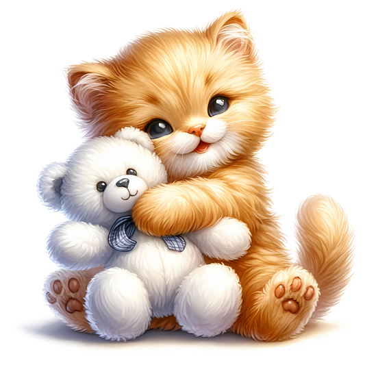 Orange Kitten Hugging White Teddy Vinyl Sticker Decal