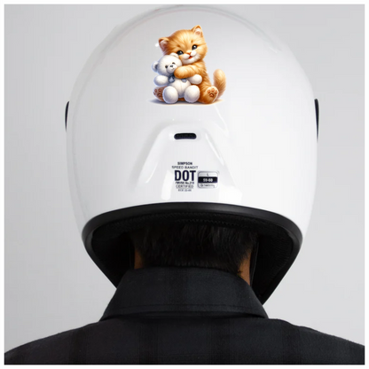 Orange Kitten Hugging White Teddy Vinyl Sticker Decal