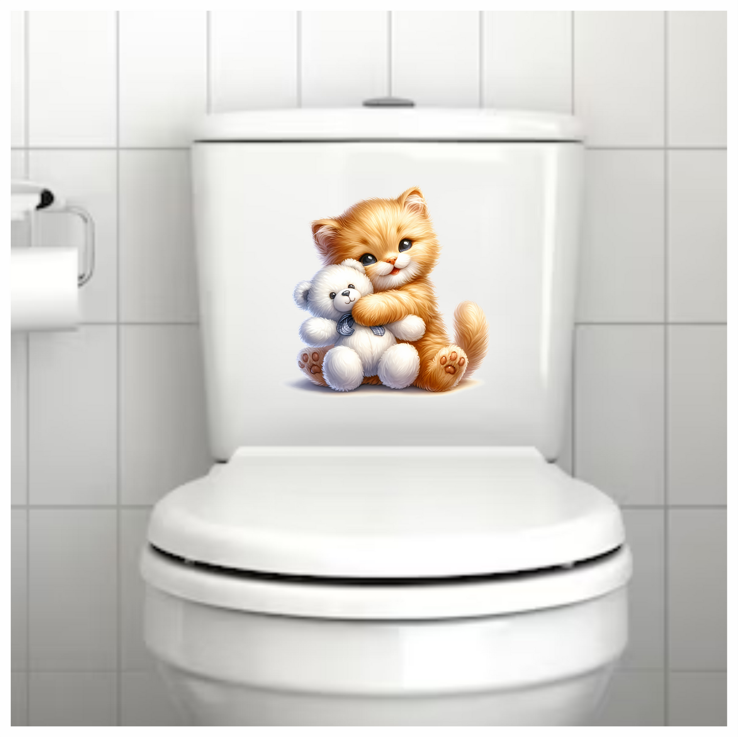 Orange Kitten Hugging White Teddy Vinyl Sticker Decal