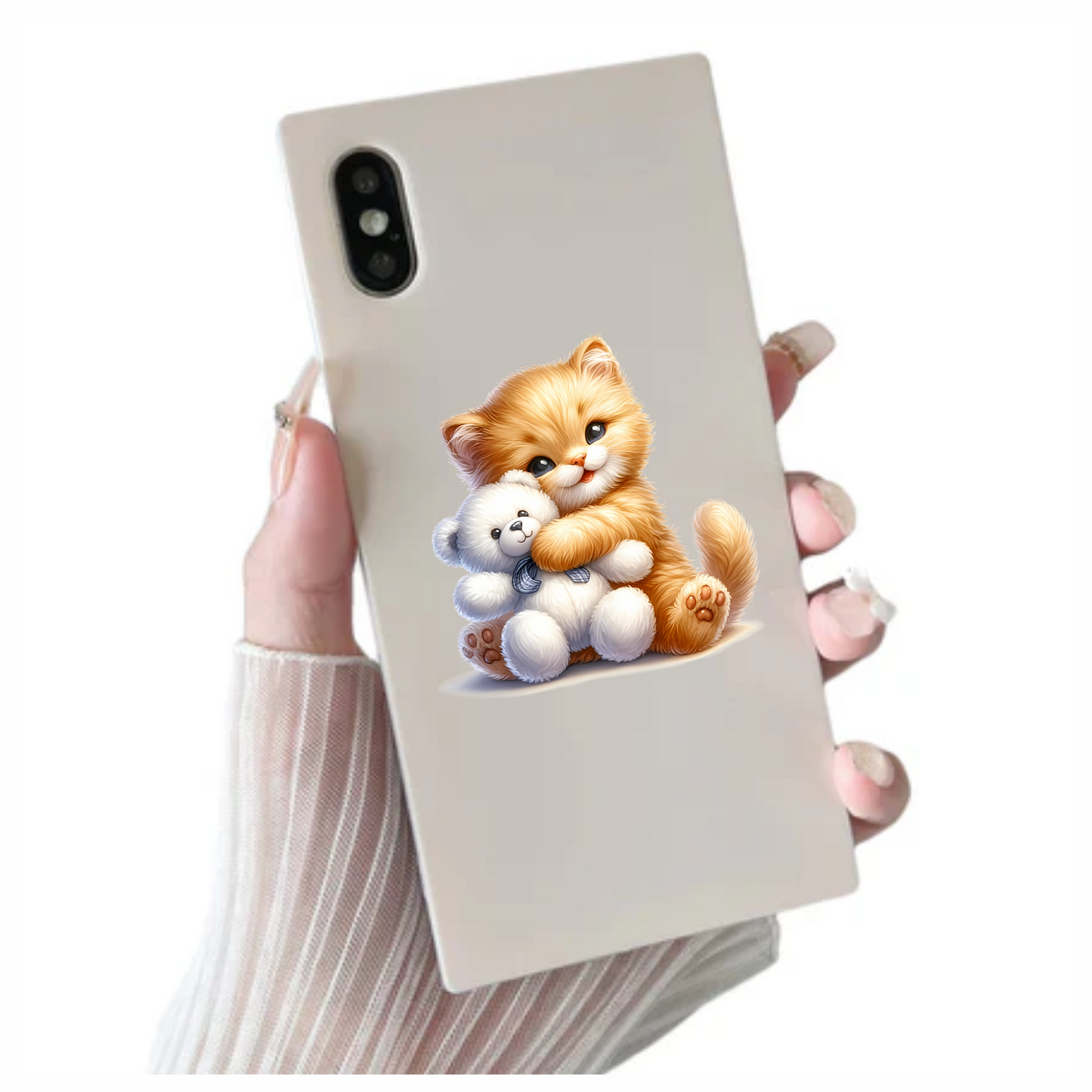Orange Kitten Hugging White Teddy Vinyl Sticker Decal