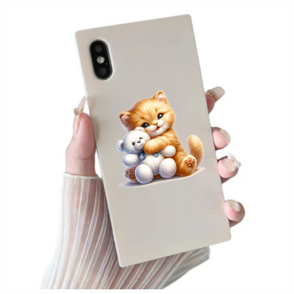 Orange Kitten Hugging White Teddy Vinyl Sticker Decal