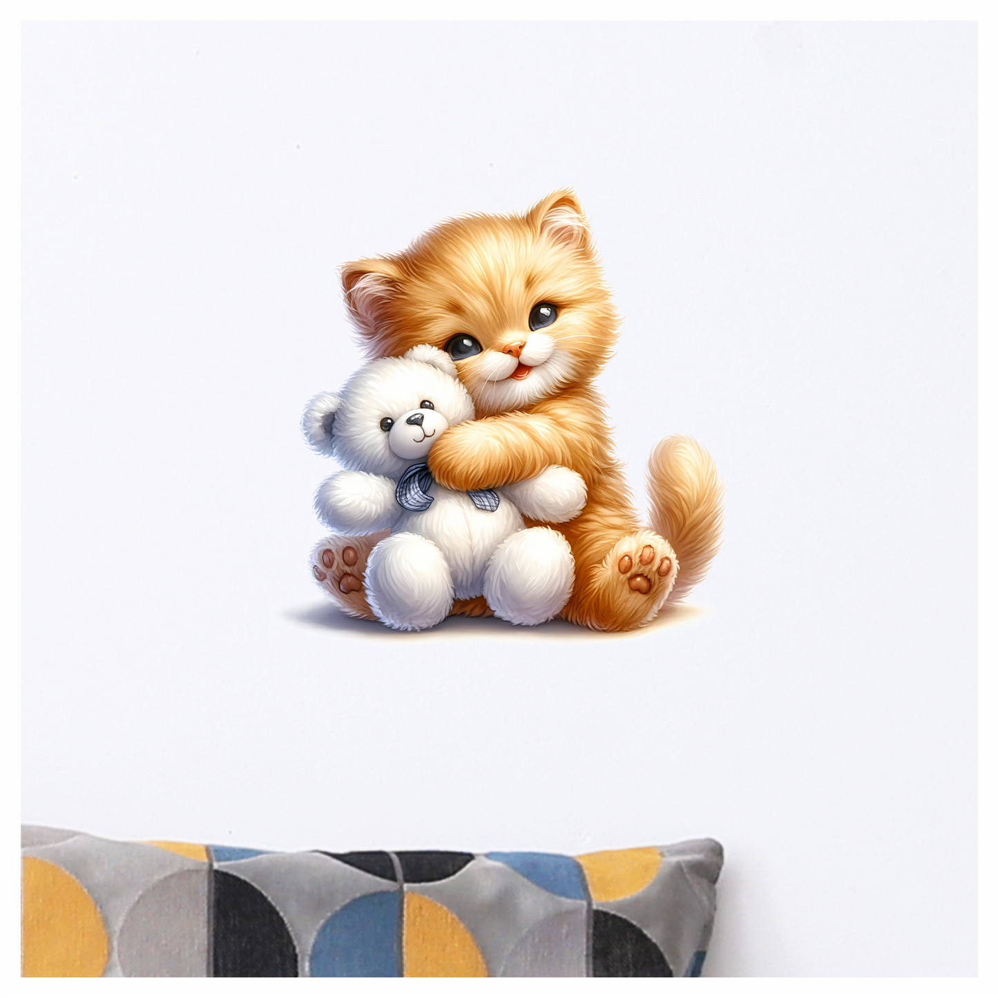 Orange Kitten Hugging White Teddy Vinyl Sticker Decal