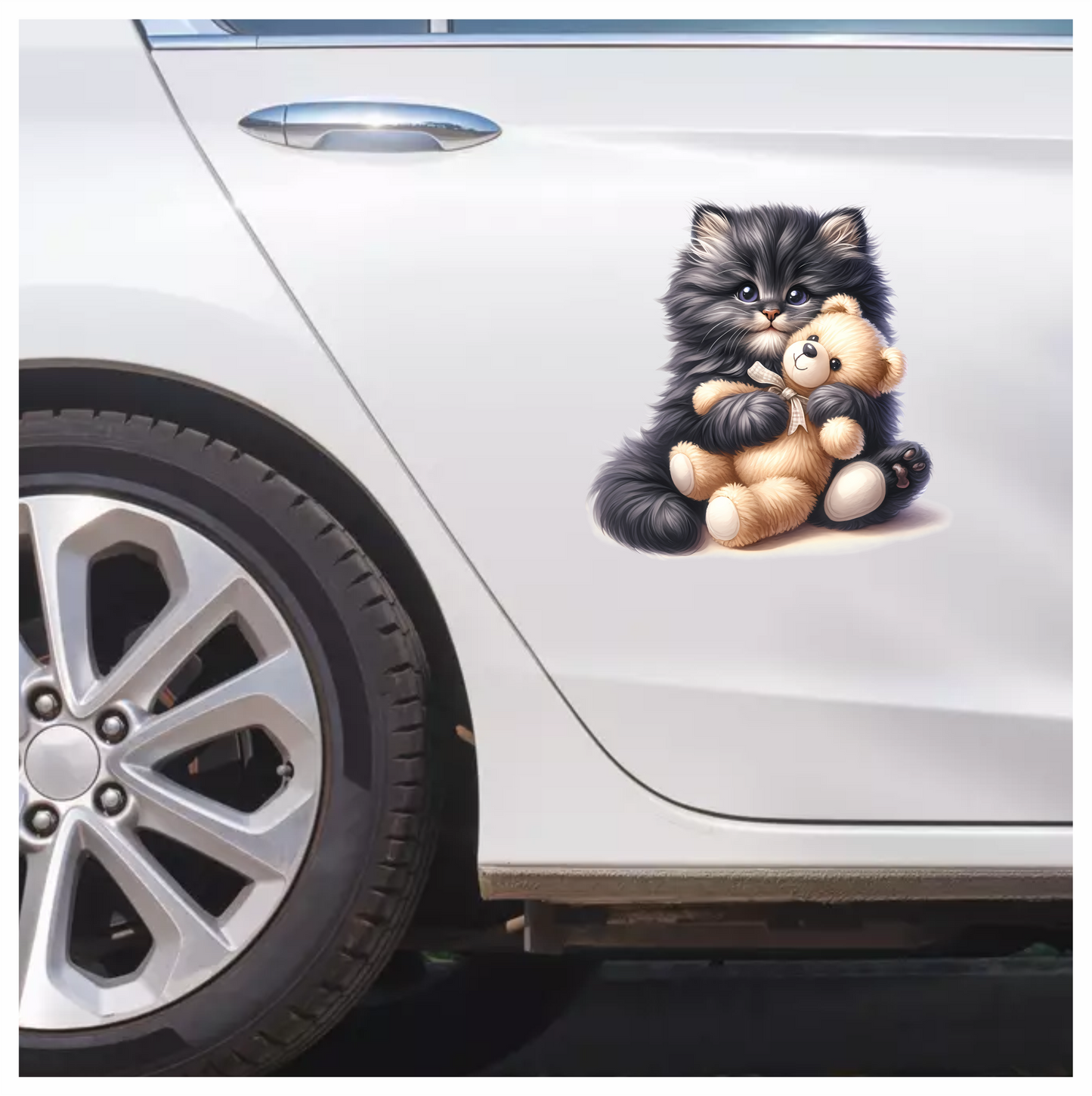 Black Kitten Hugging Teddy Bear Vinyl Sticker Decal