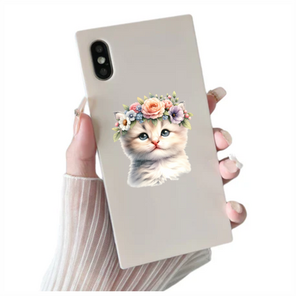 White Kitten Floral Crown Cute Vinyl Sticker Decal