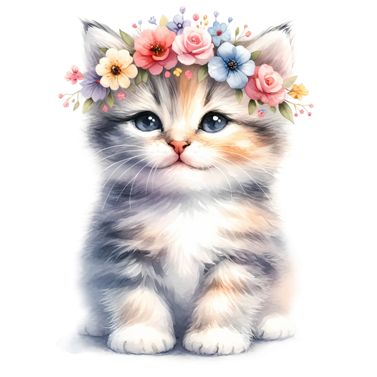 Grey Kitten Floral Crown Cute Vinyl Sticker Decal