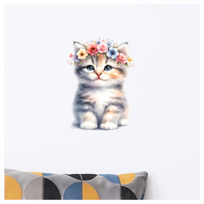 Grey Kitten Floral Crown Cute Vinyl Sticker Decal