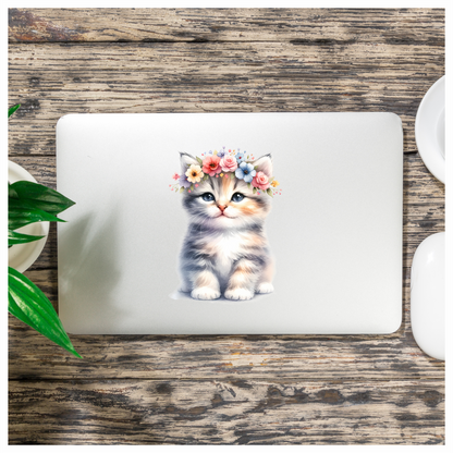Grey Kitten Floral Crown Cute Vinyl Sticker Decal