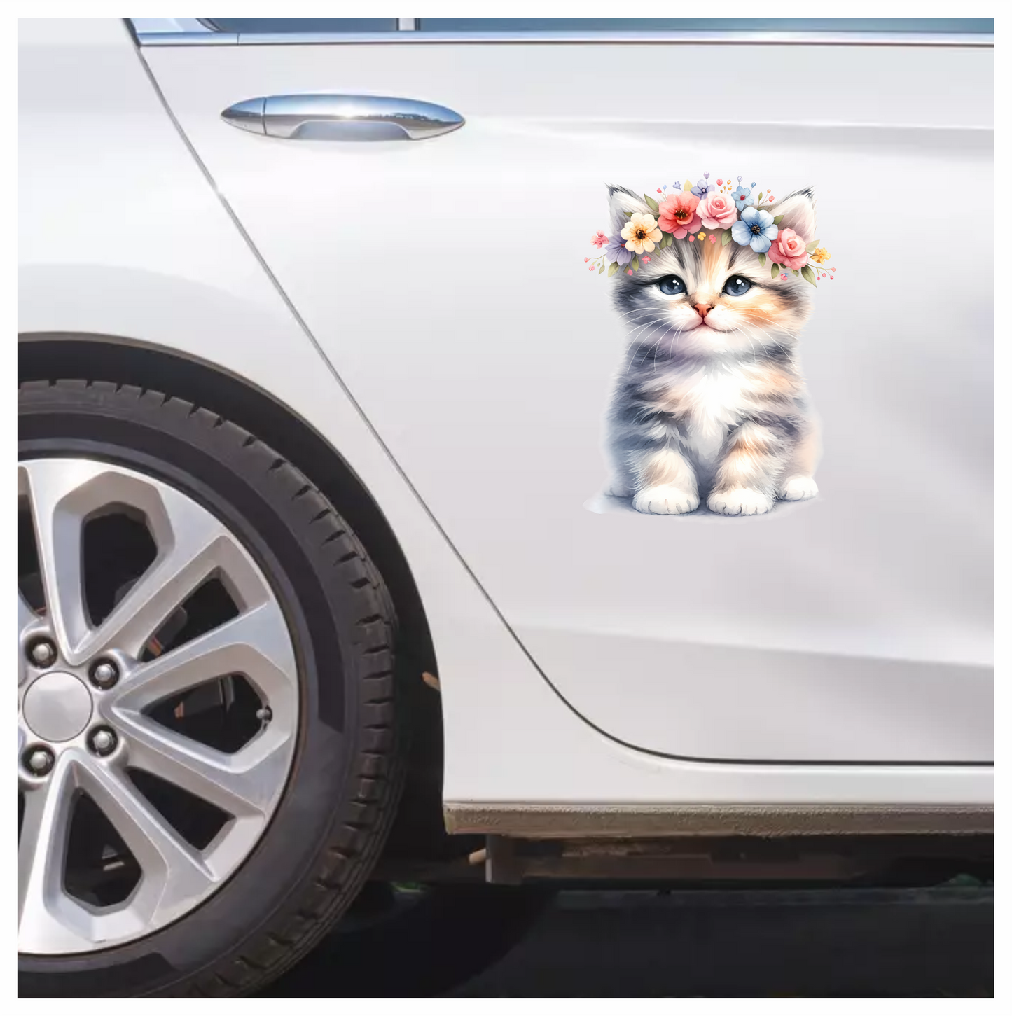 Grey Kitten Floral Crown Cute Vinyl Sticker Decal