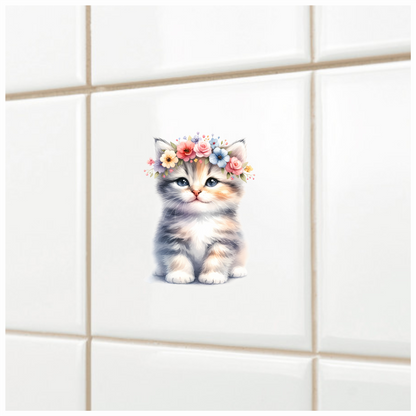 Grey Kitten Floral Crown Cute Vinyl Sticker Decal