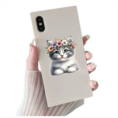 Gray Kitten Flower Crown Cute Vinyl Sticker Decal
