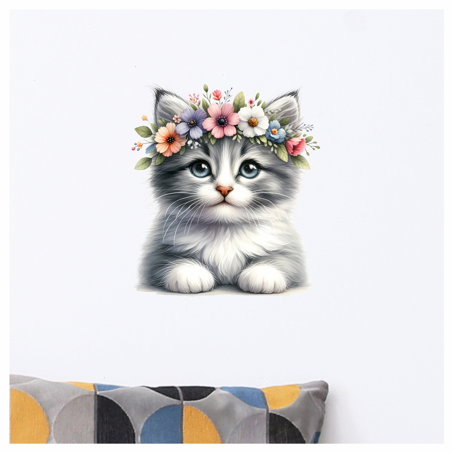 Gray Kitten Flower Crown Cute Vinyl Sticker Decal