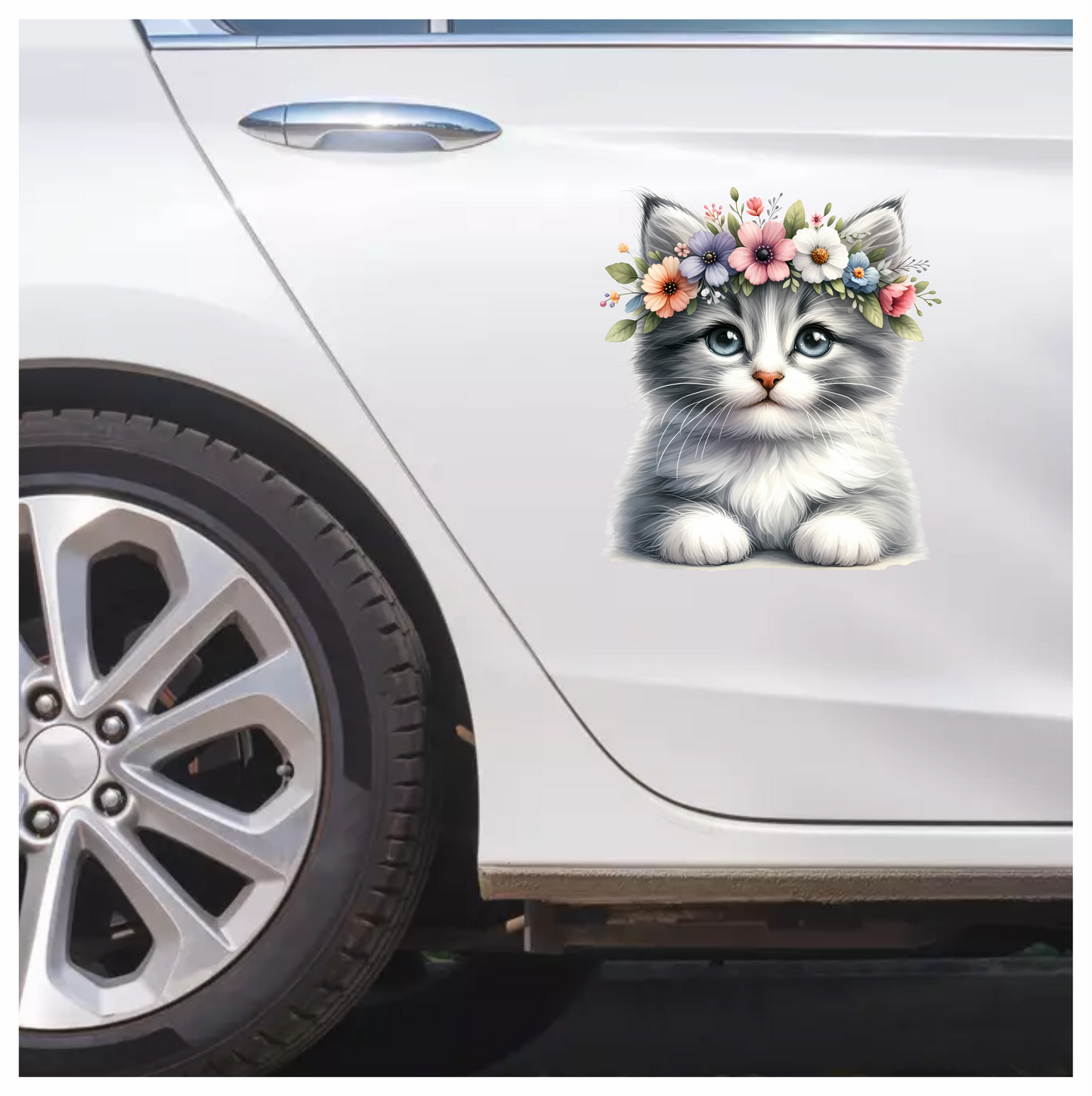 Gray Kitten Flower Crown Cute Vinyl Sticker Decal
