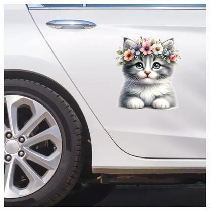 Gray Kitten Flower Crown Cute Vinyl Sticker Decal