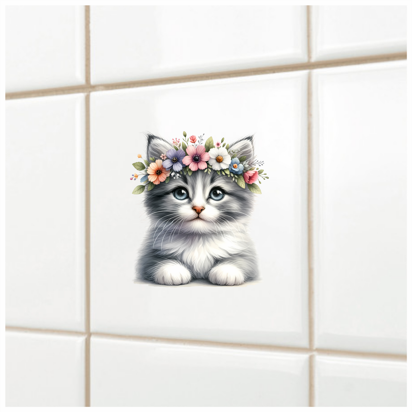 Gray Kitten Flower Crown Cute Vinyl Sticker Decal