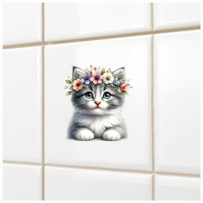 Gray Kitten Flower Crown Cute Vinyl Sticker Decal