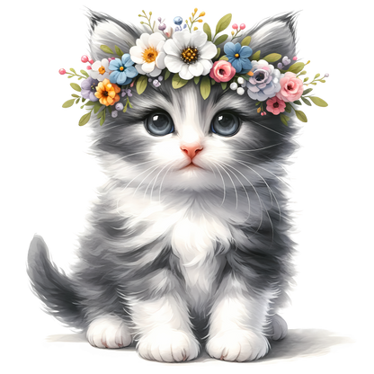 Grey White Kitten Flower Crown Vinyl Sticker Decal