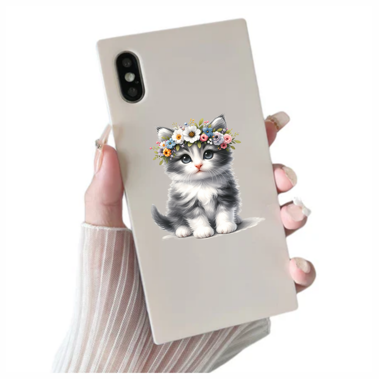 Grey White Kitten Flower Crown Vinyl Sticker Decal