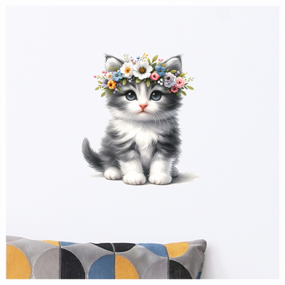 Grey White Kitten Flower Crown Vinyl Sticker Decal