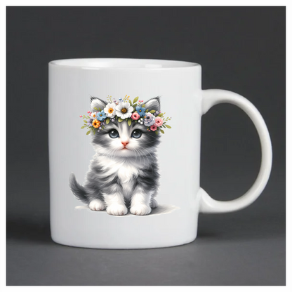 Grey White Kitten Flower Crown Vinyl Sticker Decal