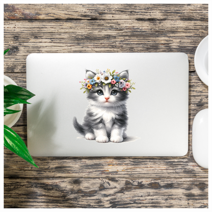 Grey White Kitten Flower Crown Vinyl Sticker Decal