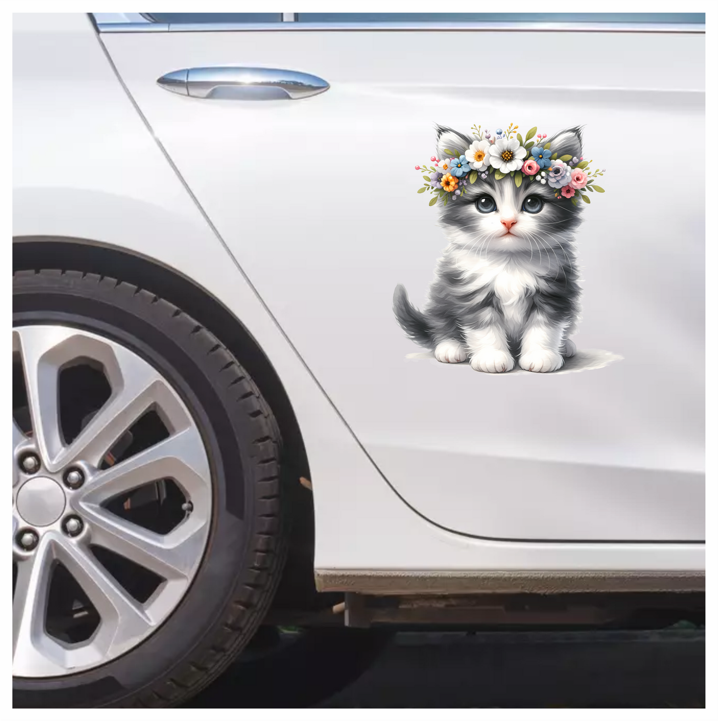 Grey White Kitten Flower Crown Vinyl Sticker Decal