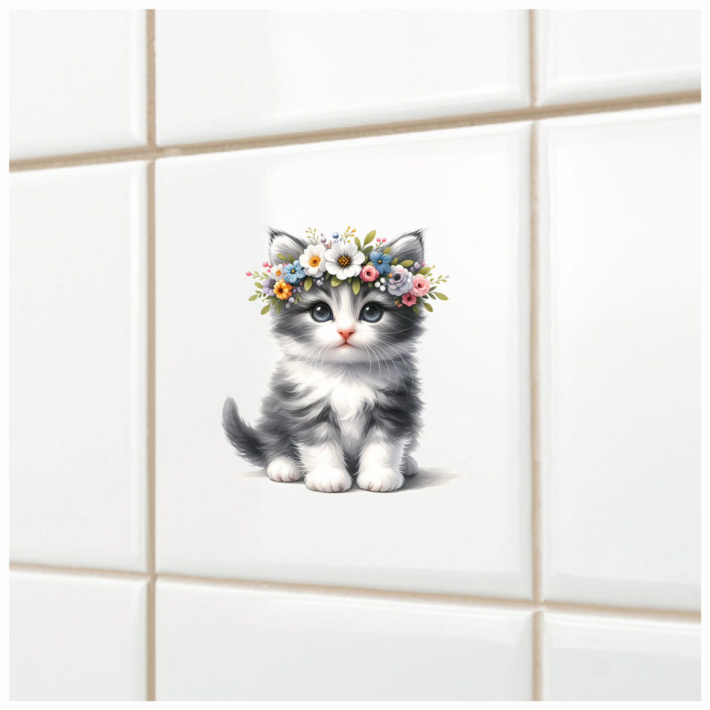 Grey White Kitten Flower Crown Vinyl Sticker Decal